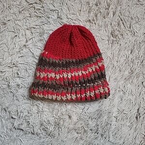 Handmade Knit Chunky Beanie Hat Red & Brown Winter Fall Ski Outdoors